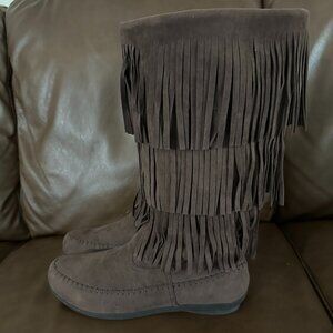 Comfortview Faux Suede Fringe Pull-On Moccasin Boots, Brown, 11WW